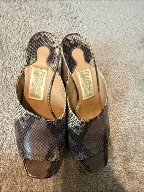 Salvatore Ferragamo Snake-Print Slide Mules in Brown and Cream
